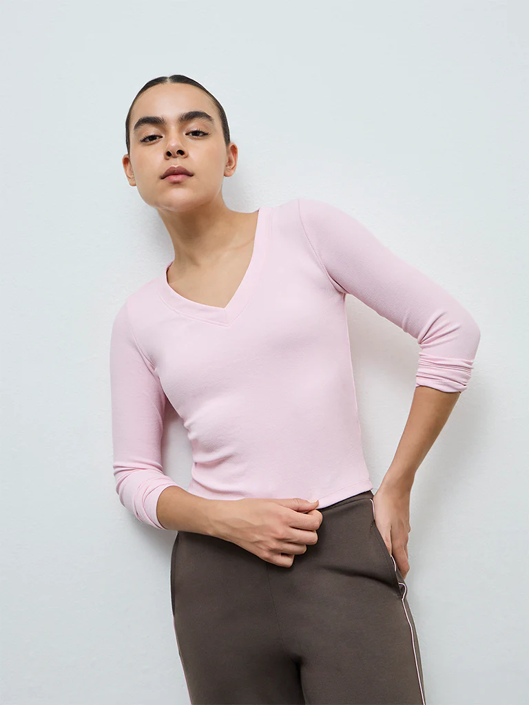 Nuoflexx Pink Ribbed-Textured T-Shirt