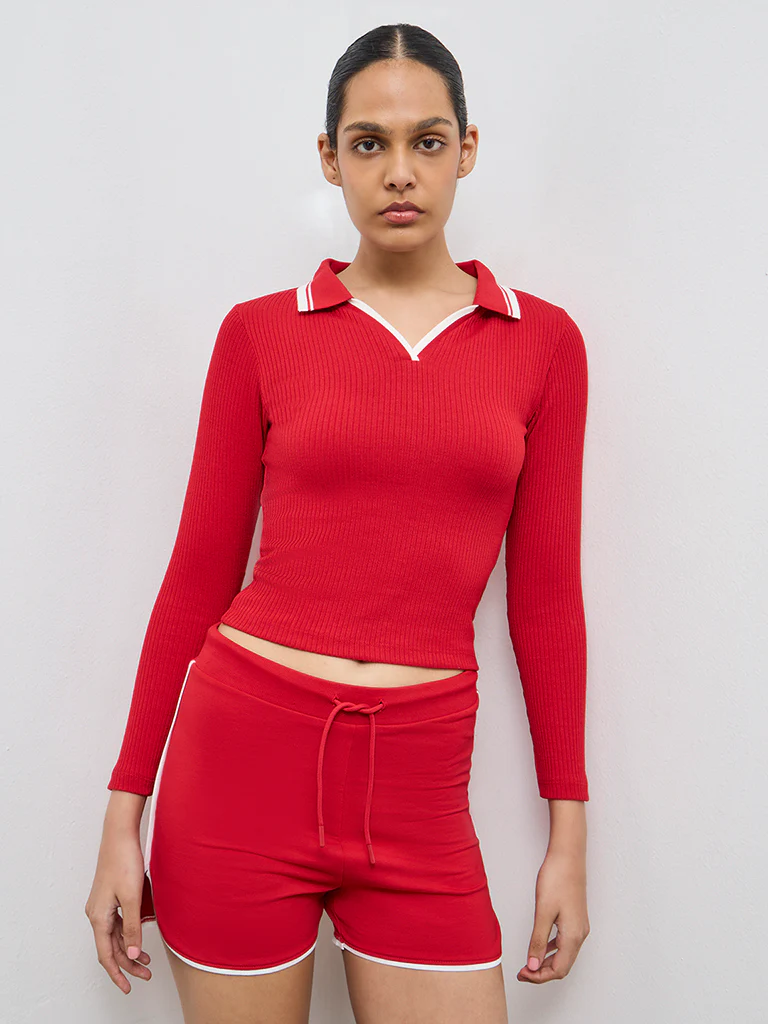 Nuoflexx Red Contrast-Detailed Ribbed Top