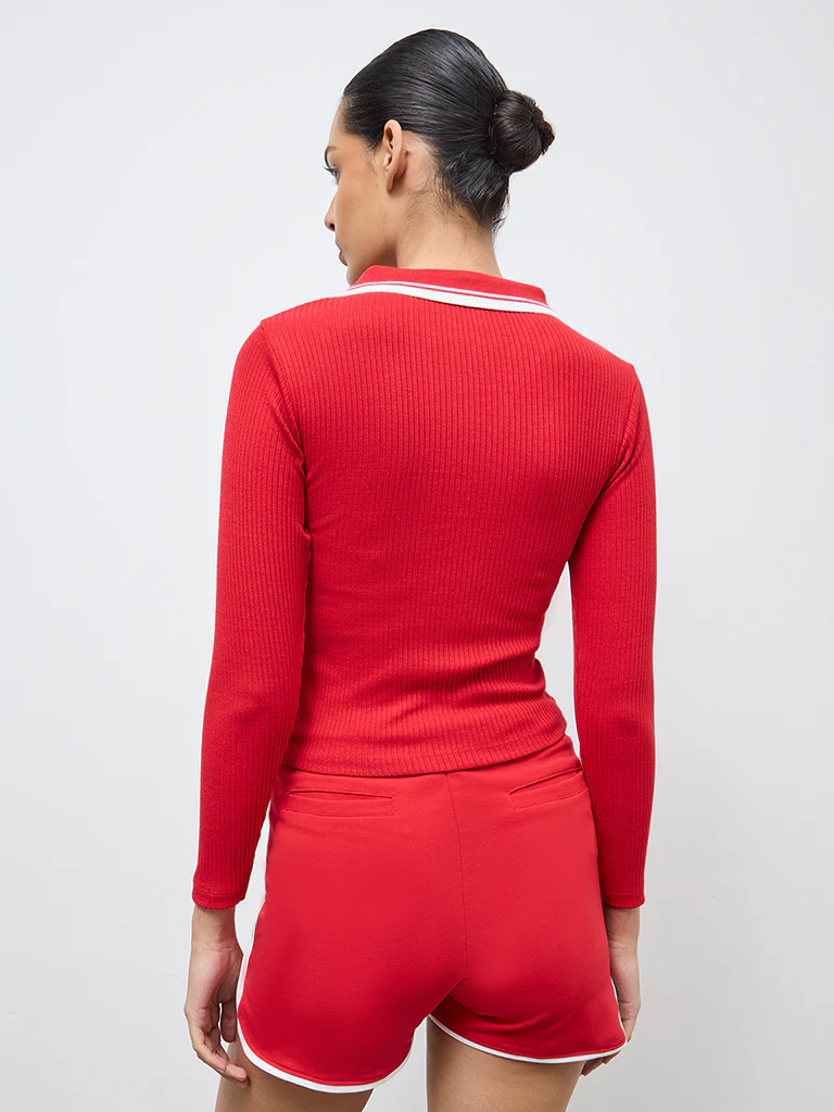 Nuoflexx Red Contrast-Detailed Ribbed Top - Image 4
