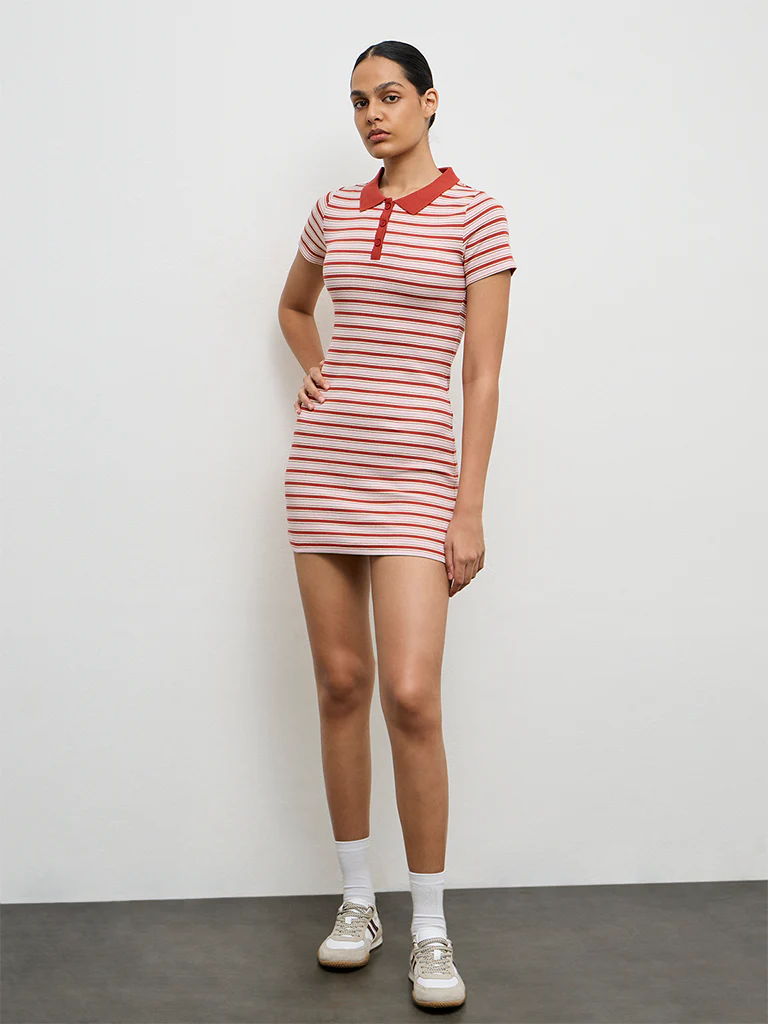 Nuoflexx Rust Stripe-Printed Cotton-Blend Bodycon Dress - Image 2