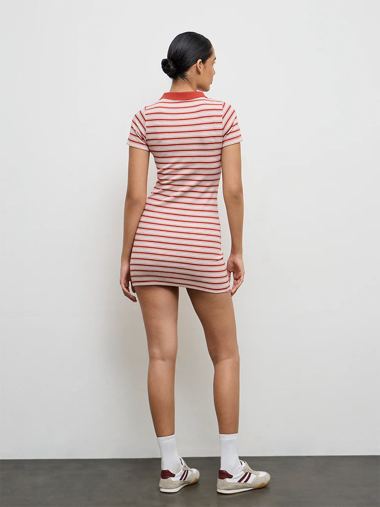 Nuoflexx Rust Stripe-Printed Cotton-Blend Bodycon Dress - Image 4