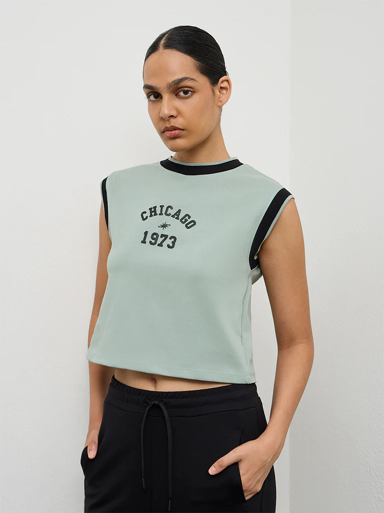 Nuoflexx Sage Green Text Printed Cotton-Blend T-Shirt