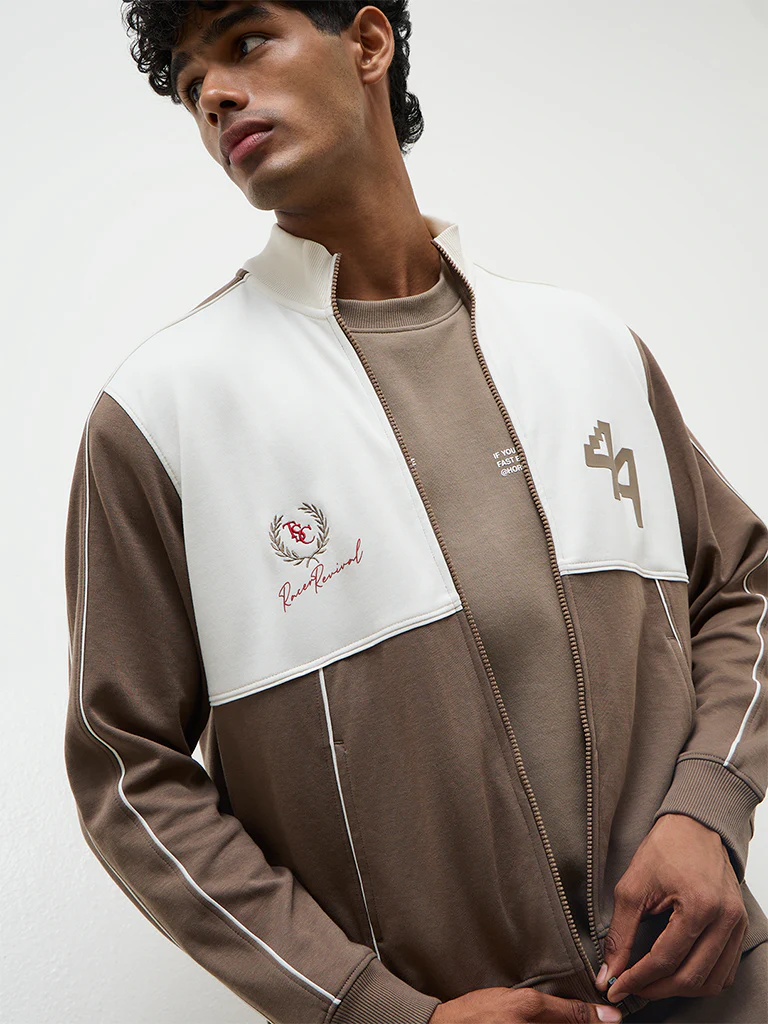 Nuoflexx Taupe Colour-Blocked Relaxed Fit Cotton-Blend Jacket - Image 4
