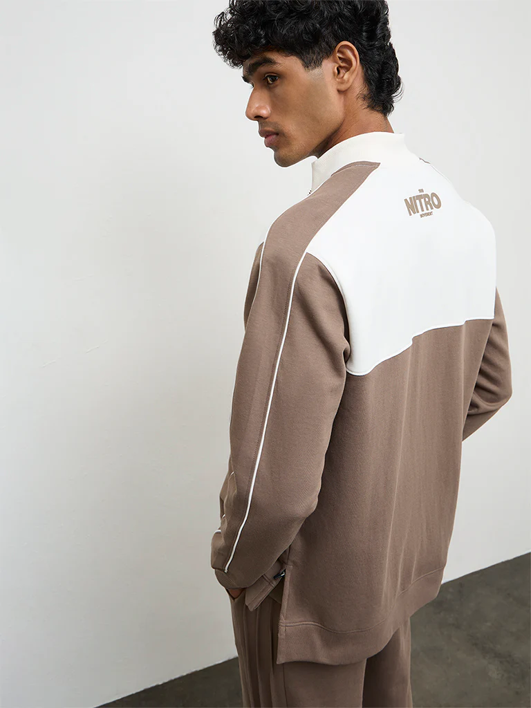 Nuoflexx Taupe Colour-Blocked Relaxed Fit Cotton-Blend Jacket - Image 5