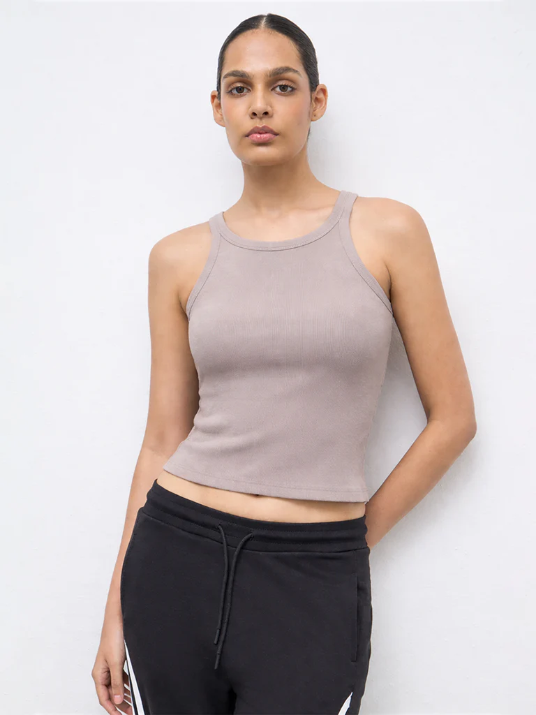 Nuoflexx Taupe Ribbed Cotton-Blend Top