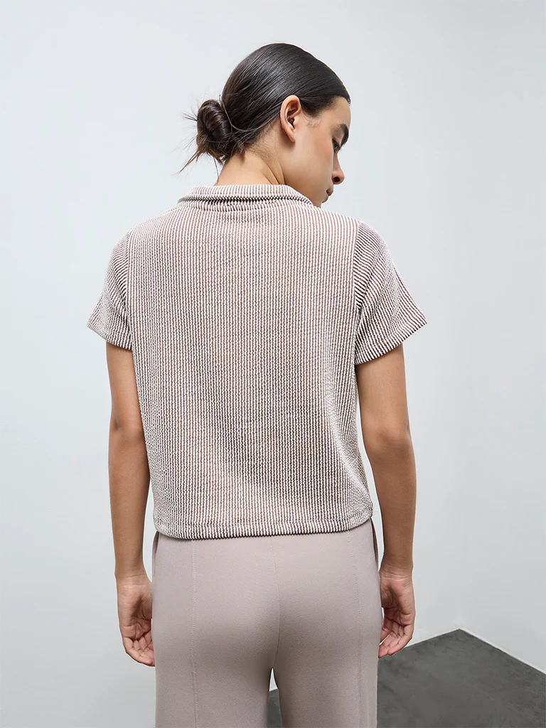 Nuoflexx Taupe Striped Cotton-Blend Top - Image 4