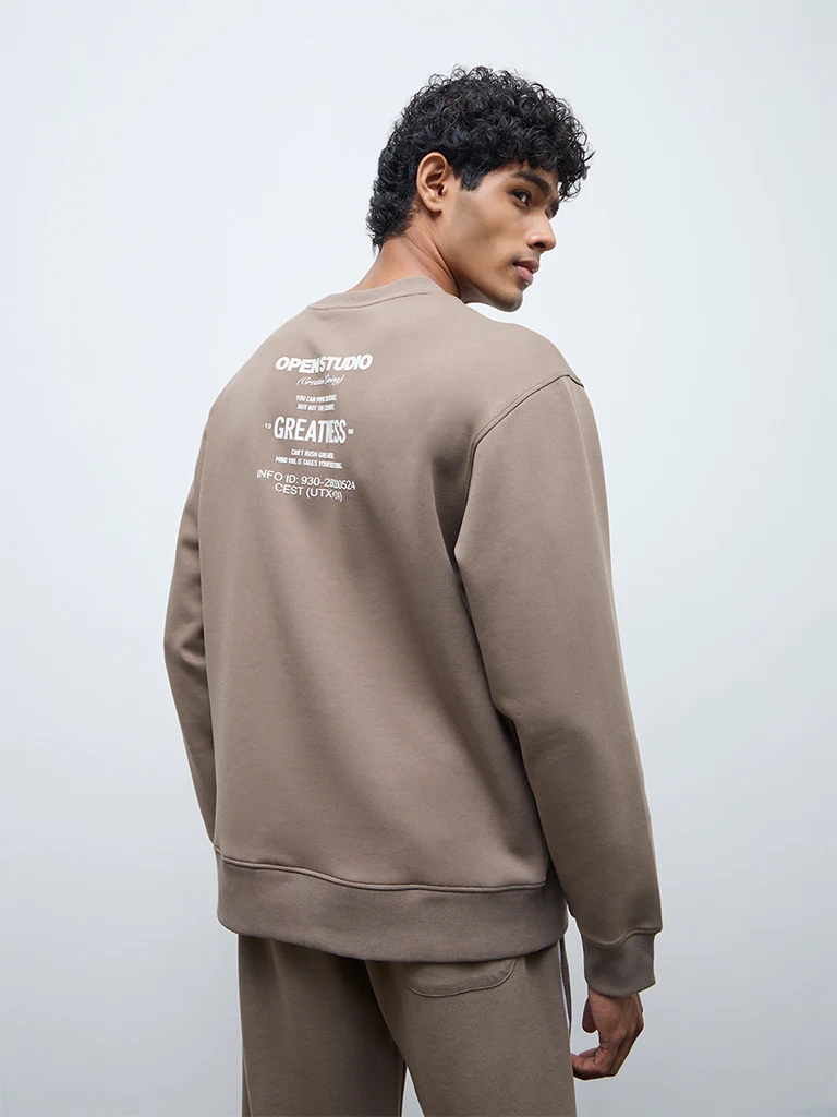 Nuoflexx Taupe Text Design Cotton-Blend Relaxed-Fit Sweatshirt - Image 4