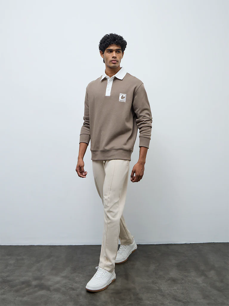 Nuoflexx Taupe Text Detailed Relaxed-Fit Polo T-Shirt - Image 3