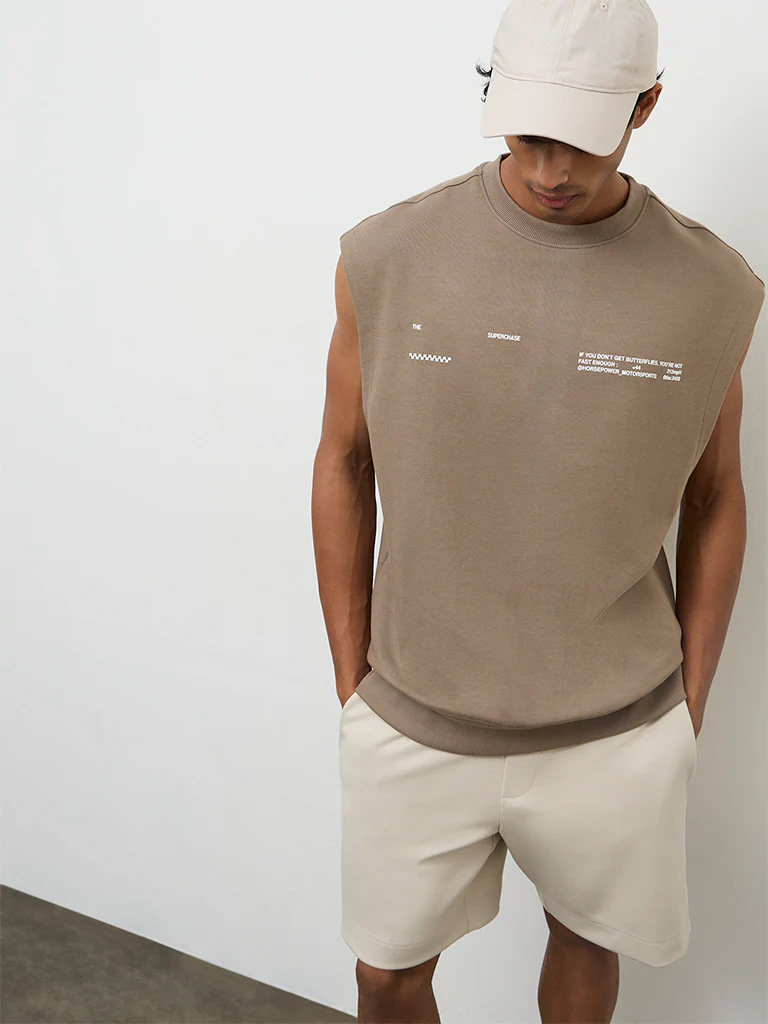 Nuoflexx Taupe Text-Embossed Relaxed Fit T-Shirt