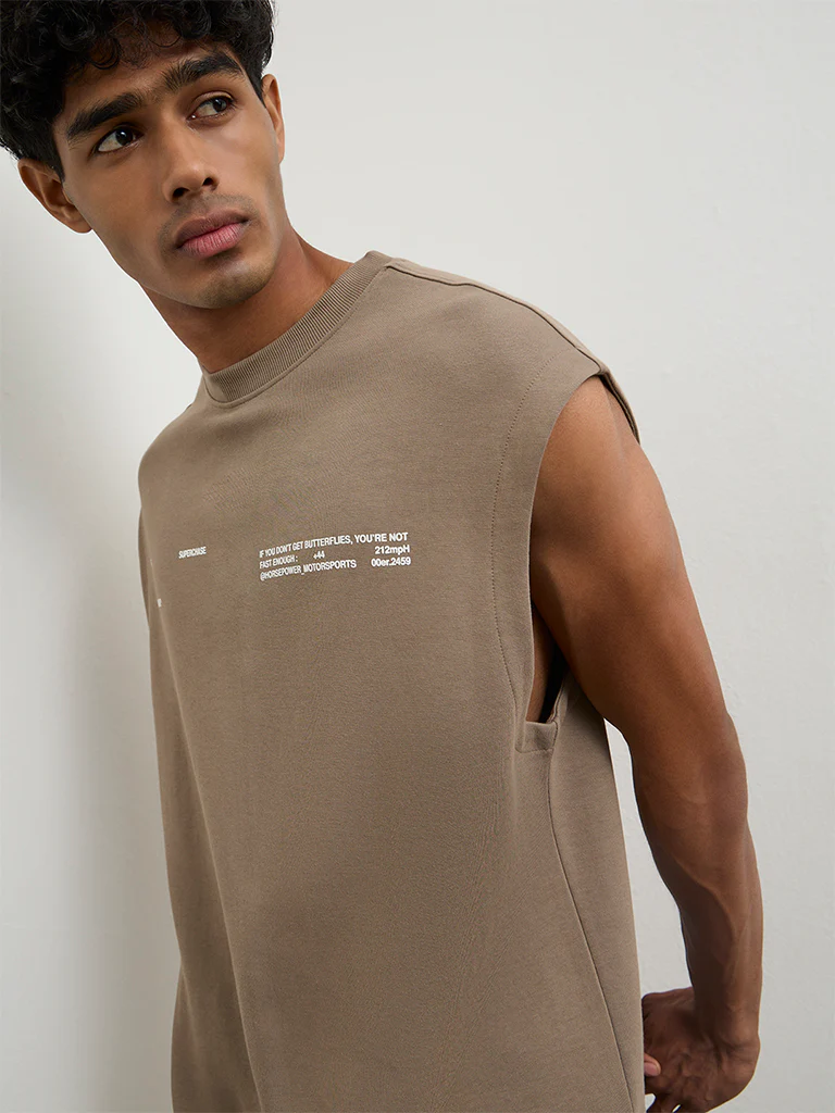 Nuoflexx Taupe Text-Embossed Relaxed Fit T-Shirt - Image 4