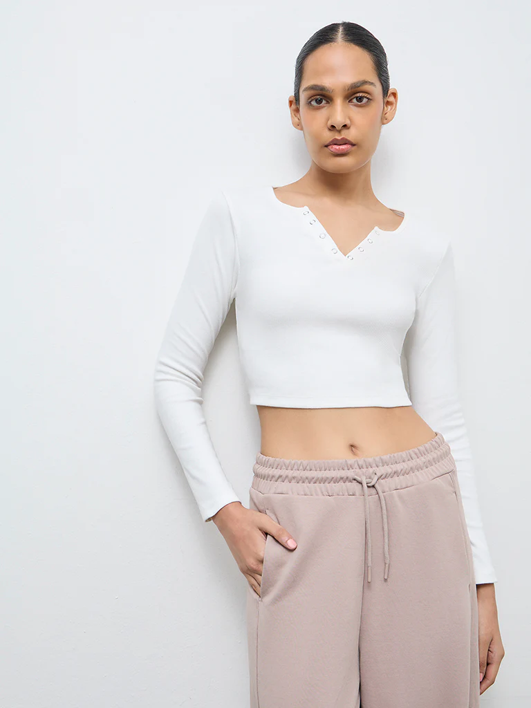 Nuoflexx White Ribbed Cotton-Blend Top