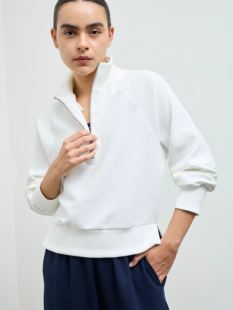 Nuoflexx White Ribbed Quarter-Zip Sweatshirt