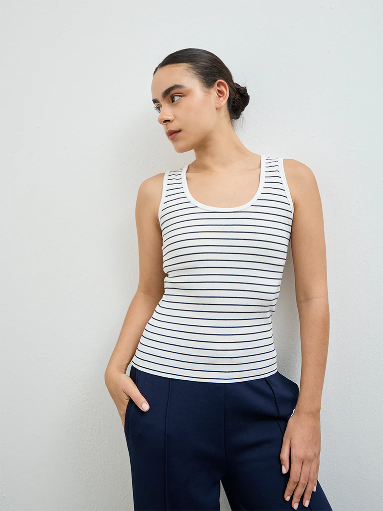 Nuoflexx White Striped Cotton-Blend Tank Top