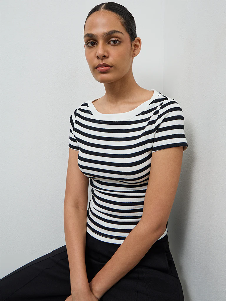 Nuoflexx White Striped Cotton-Blend Top