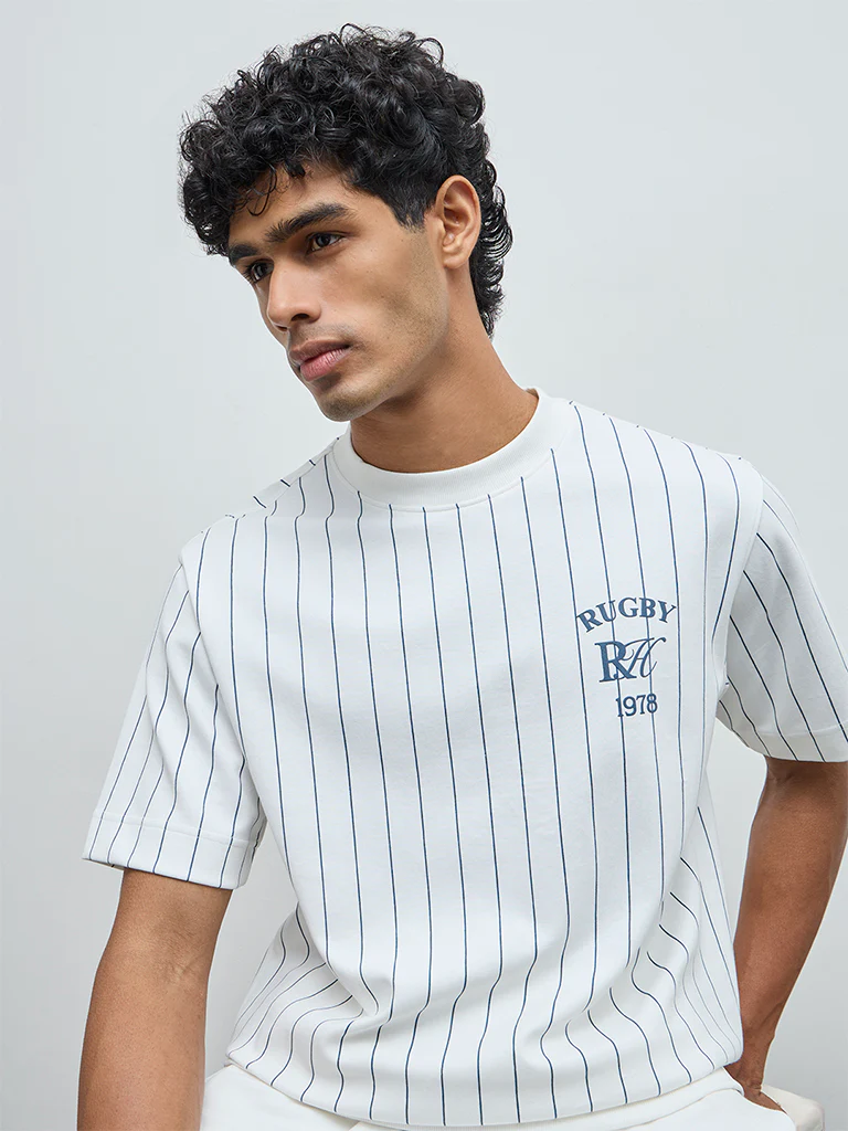 Nuoflexx White Striped Relaxed-Fit Cotton-Blend T-Shirt