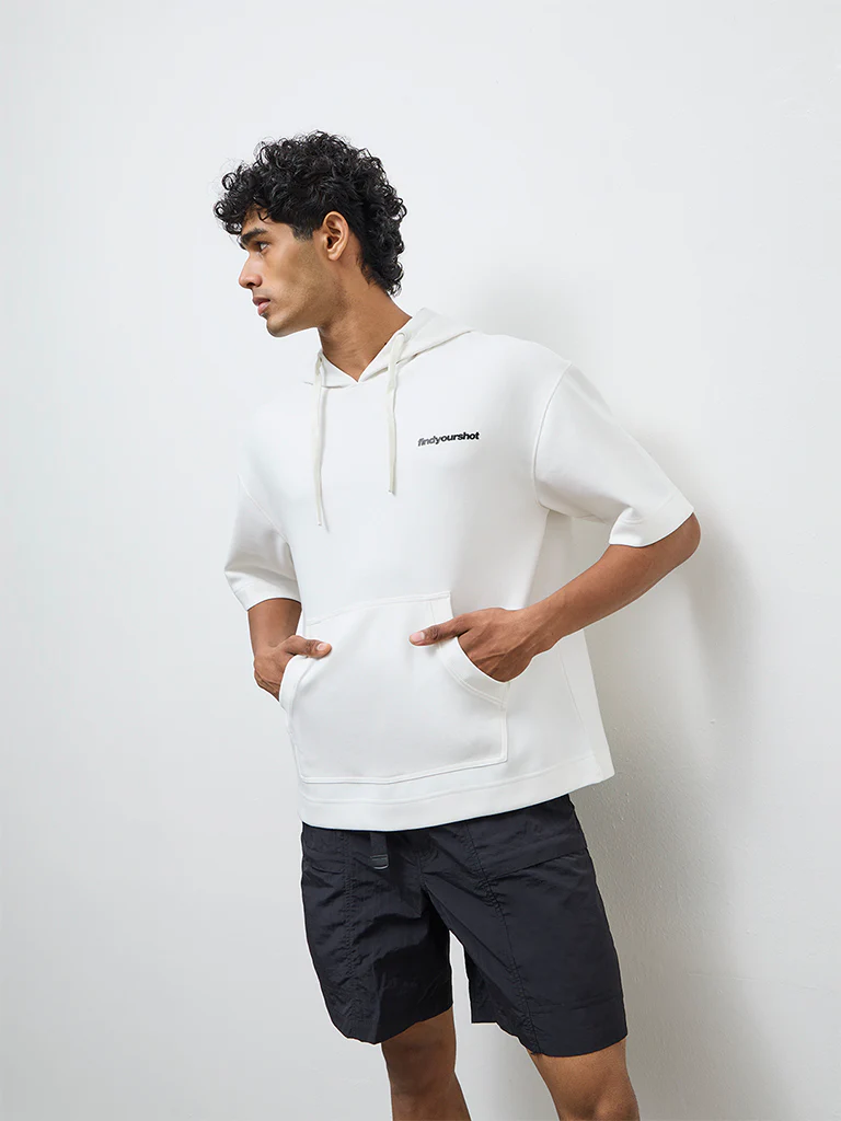 Nuoflexx White Typographic Relaxed-Fit Hooded Sweatshirt