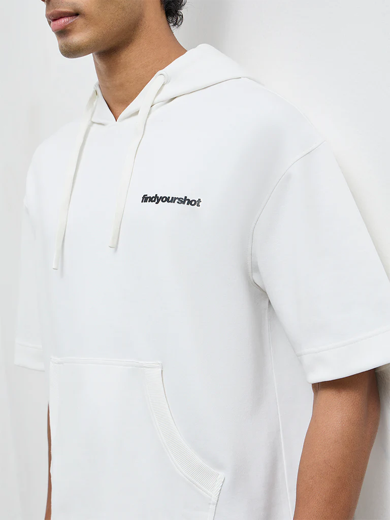 Nuoflexx White Typographic Relaxed-Fit Hooded Sweatshirt - Image 4