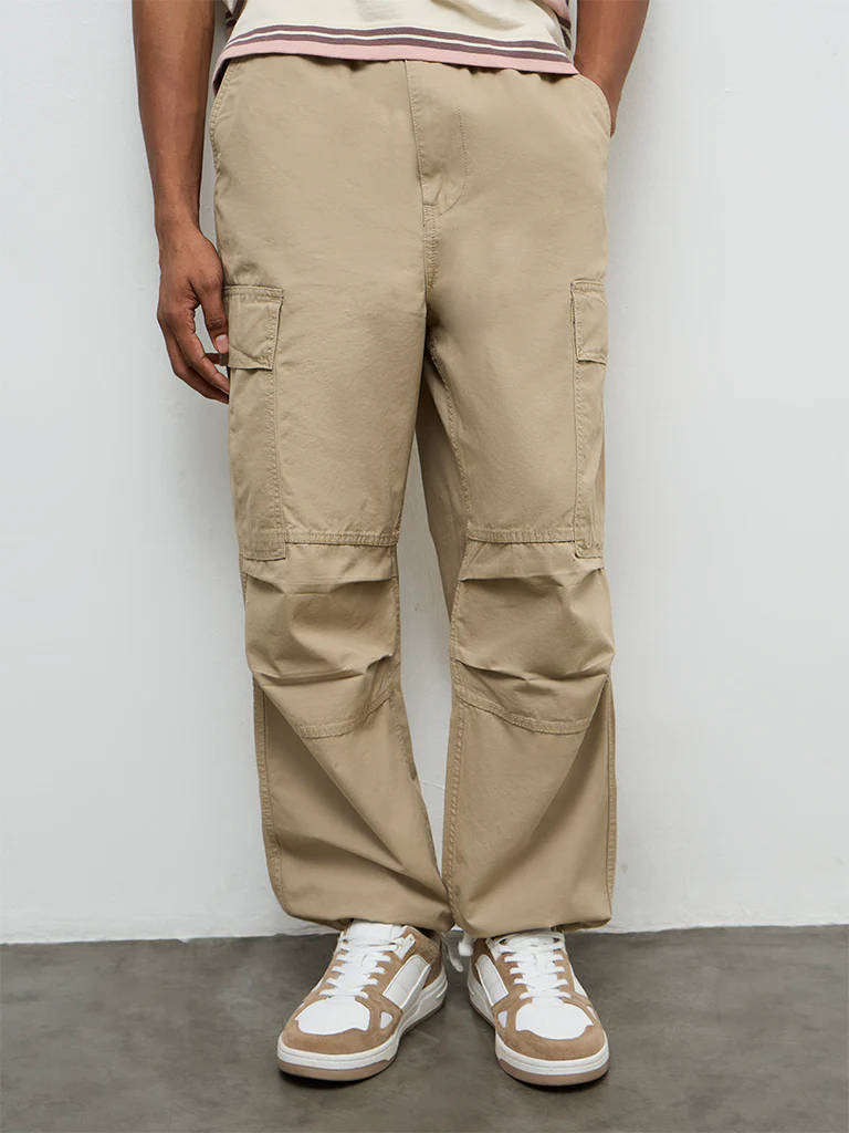 Nuon Beige Baggy-Fit Mid-Rise Cotton Cargo Pants - Image 2