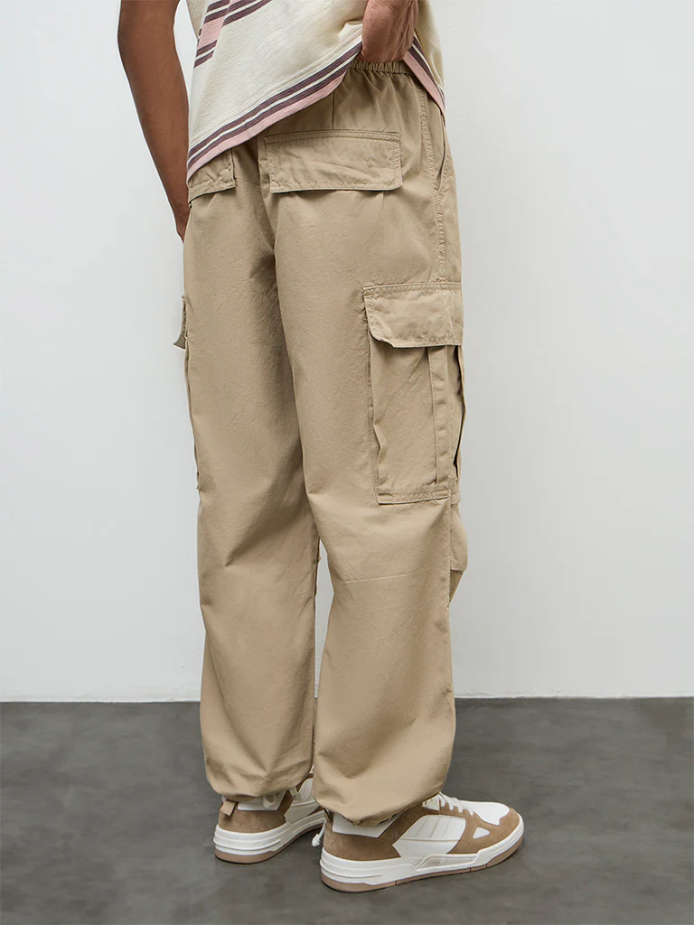 Nuon Beige Baggy-Fit Mid-Rise Cotton Cargo Pants - Image 4