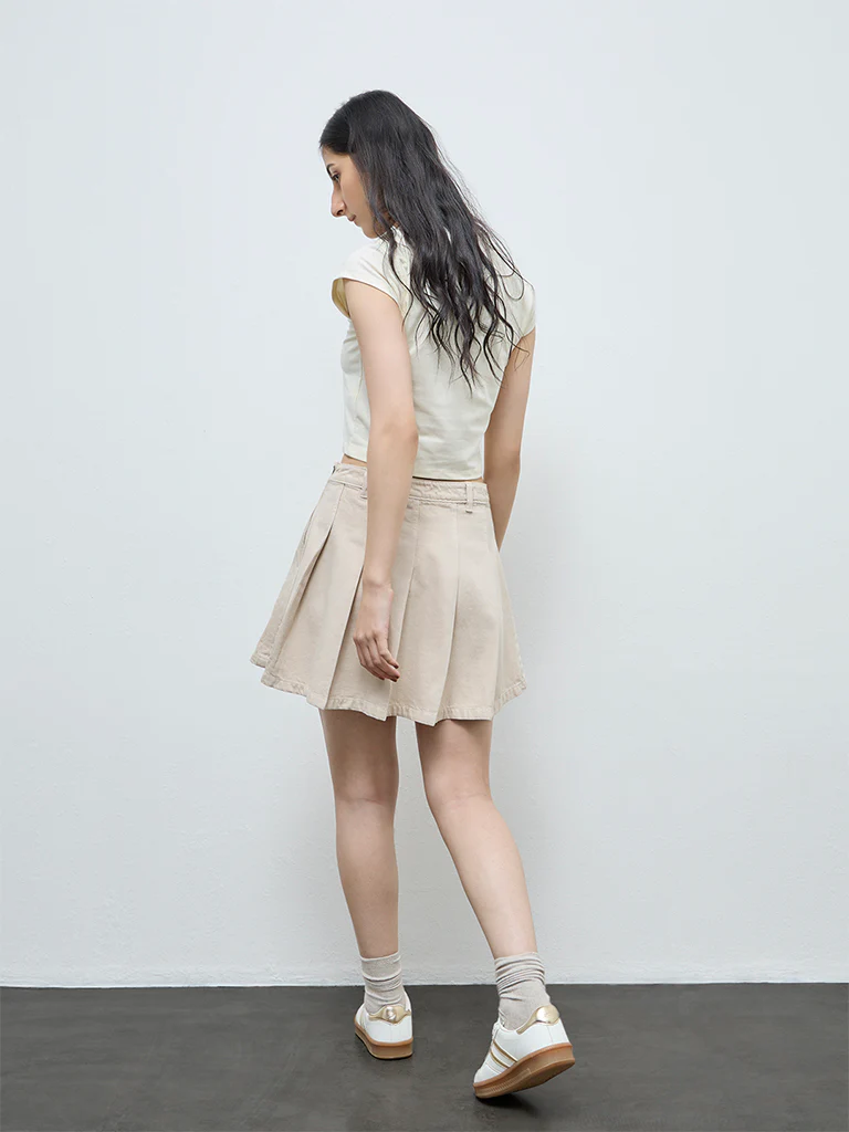 Nuon Beige Box-Pleated High-Rise Denim Skirt - Image 4