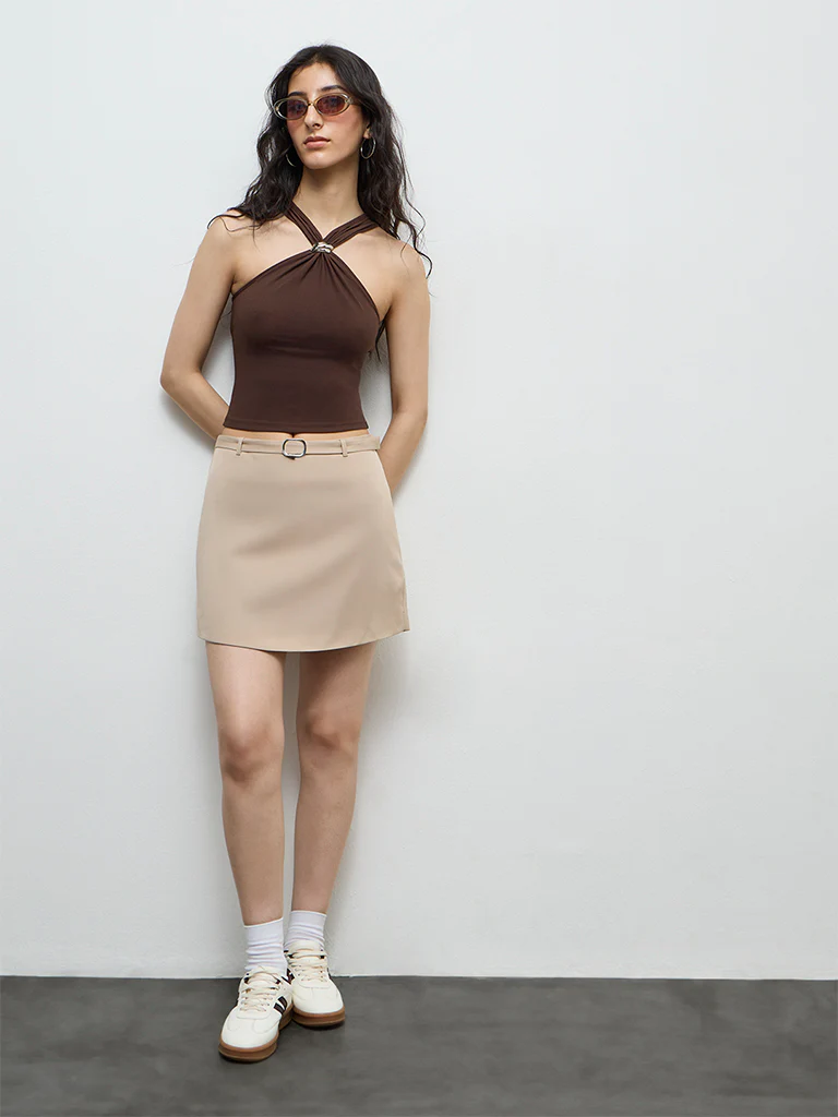 Nuon Beige Buckle-Detailed High-Rise Skort