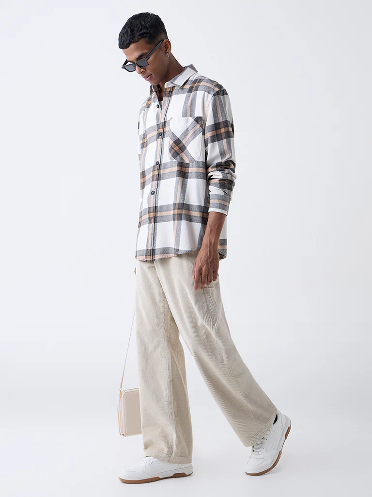 Nuon Beige Checkered Relaxed-Fit Cotton-Blend Shirt