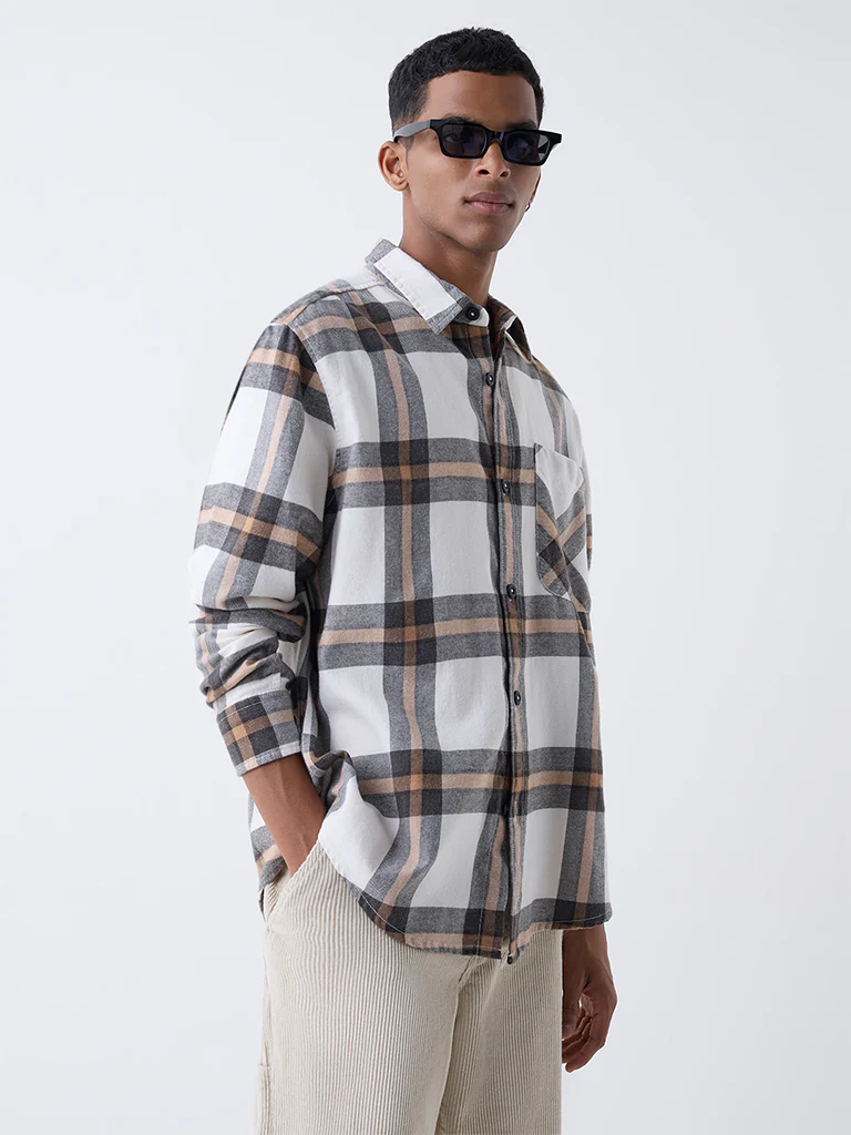 Nuon Beige Checkered Relaxed-Fit Cotton-Blend Shirt - Image 2