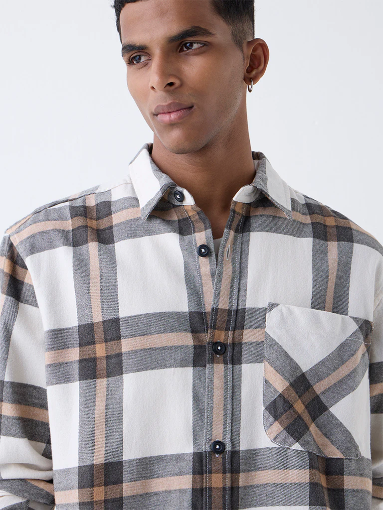 Nuon Beige Checkered Relaxed-Fit Cotton-Blend Shirt - Image 3