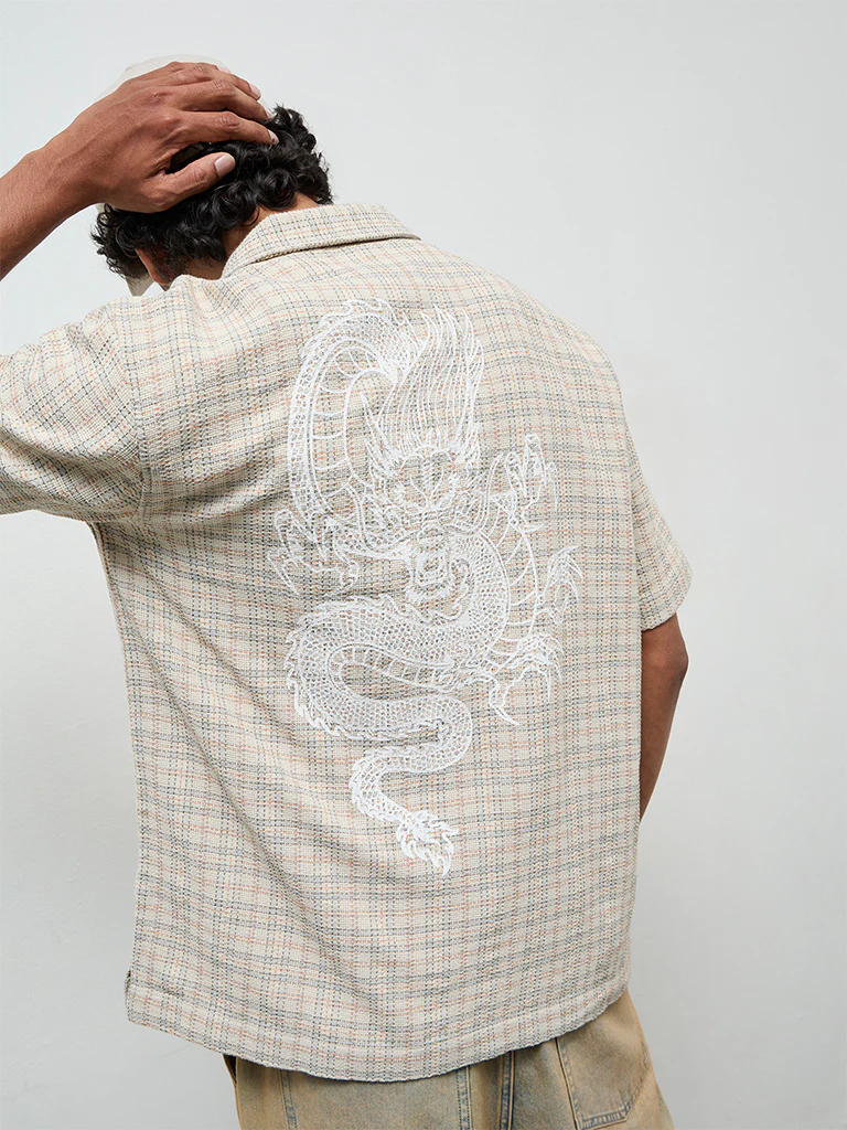 Nuon Beige Checkered Relaxed-Fit Cotton Shirt - Image 4