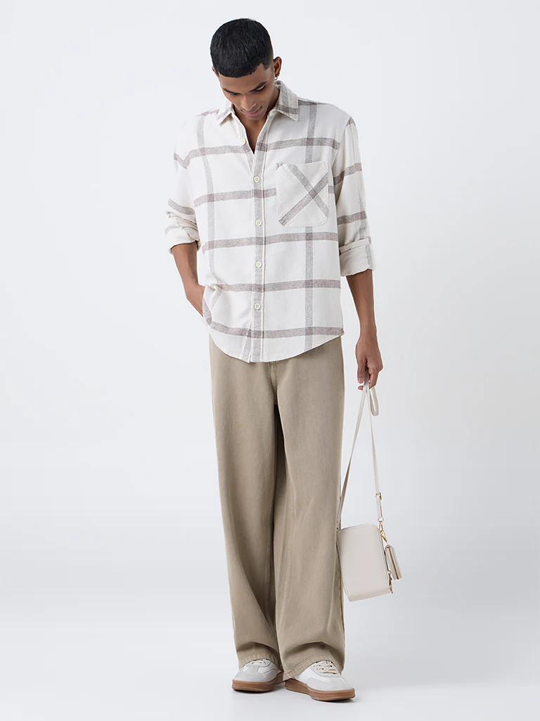 Nuon Beige Checks Printed Relaxed-Fit Cotton Shirt