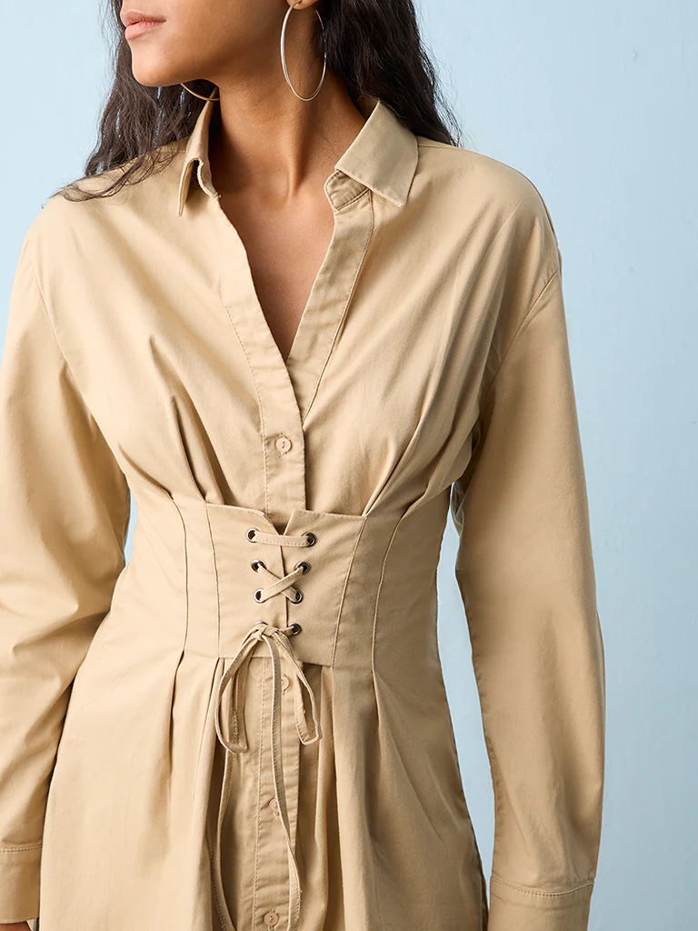 Nuon Beige Criss-Cross Design Cotton-Blend Shirt Dress - Image 3