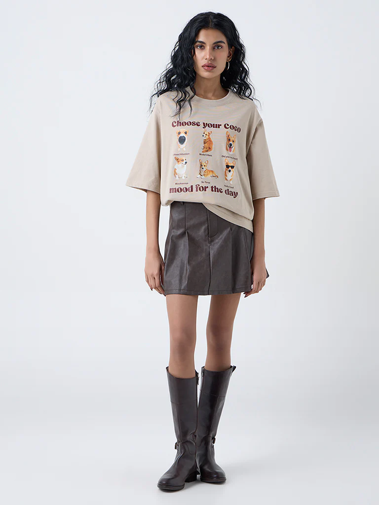 Nuon Beige Graphic Print Oversized Cotton T-Shirt