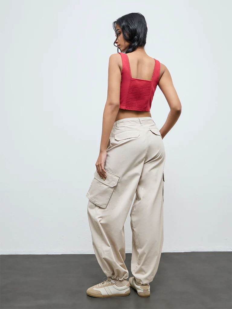 Nuon Beige High-Rise Cotton-Blend Cargo Pants - Image 4