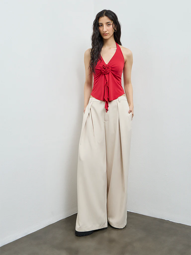 Nuon Beige Pleated High-Rise Trousers