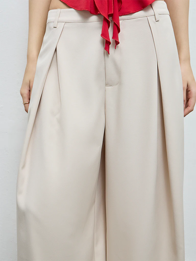 Nuon Beige Pleated High-Rise Trousers - Image 3