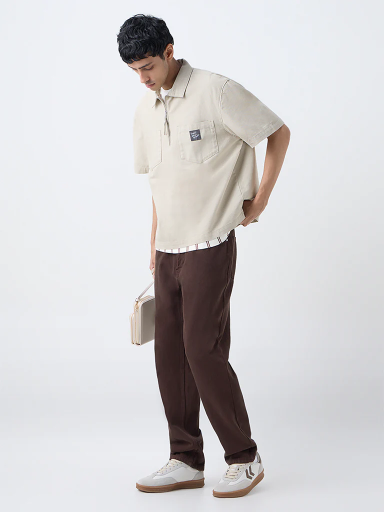 Nuon Beige Relaxed-Fit Cotton Quarter-Zip T-Shirt - Image 3