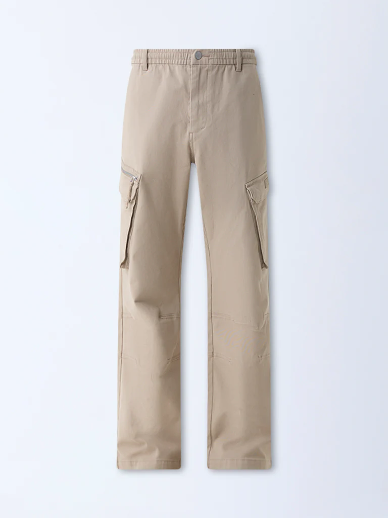 Nuon Beige Relaxed-Fit Mid-Rise Cotton-Blend Cargo Pants - Image 6