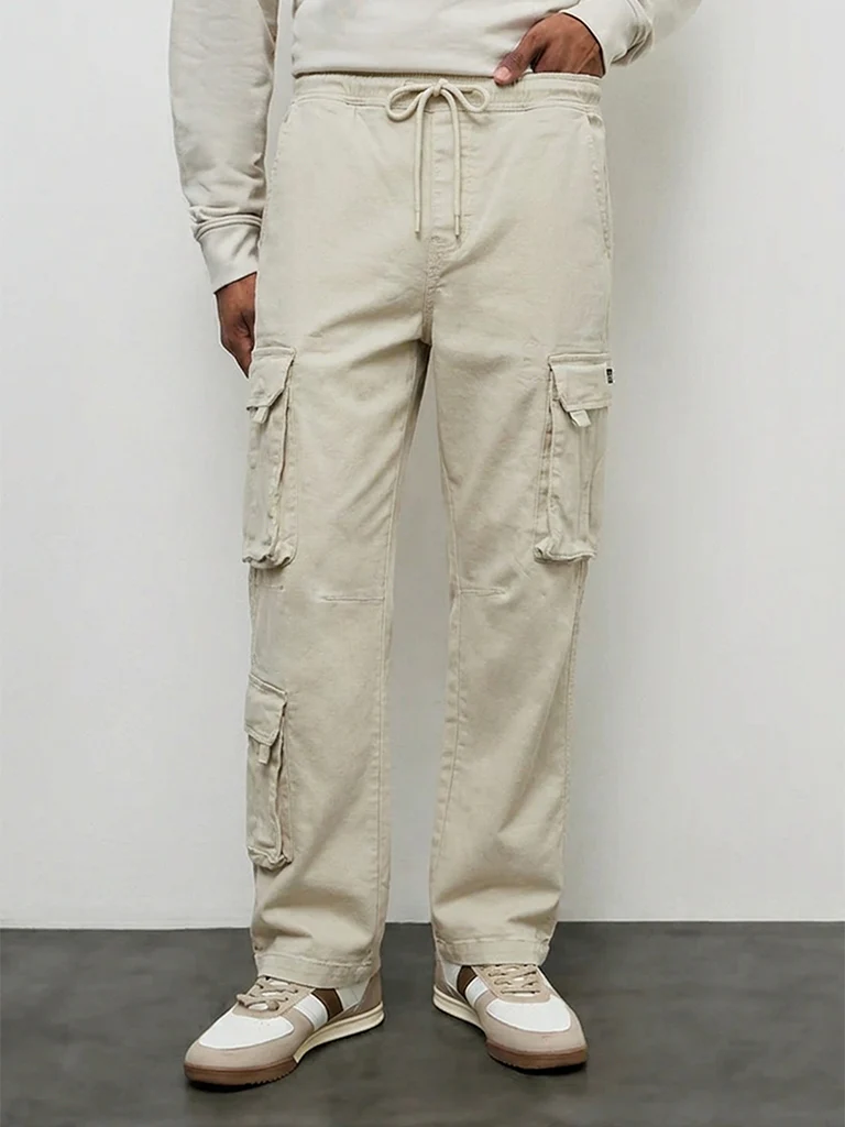 Nuon Beige Relaxed-Fit Mid-Rise Cotton-Blend Cargo Pants - Image 2