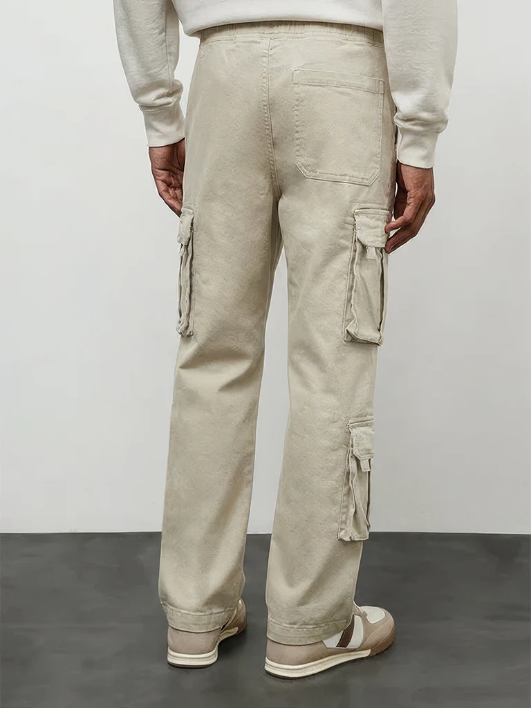 Nuon Beige Relaxed-Fit Mid-Rise Cotton-Blend Cargo Pants - Image 4