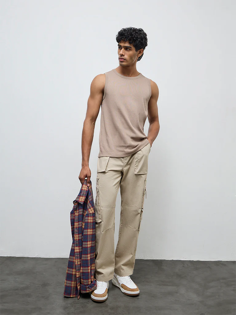 Nuon Beige Relaxed-Fit Mid-Rise Cotton Cargo Pants