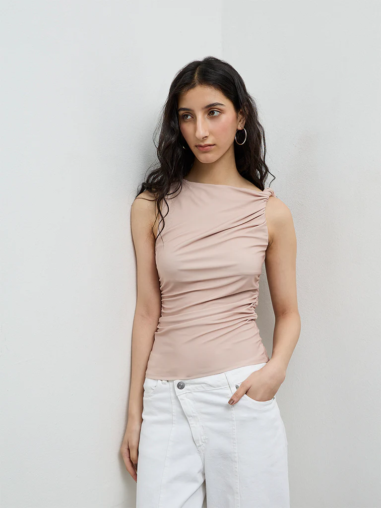 Nuon Beige Ruched Cotton-Blend Top