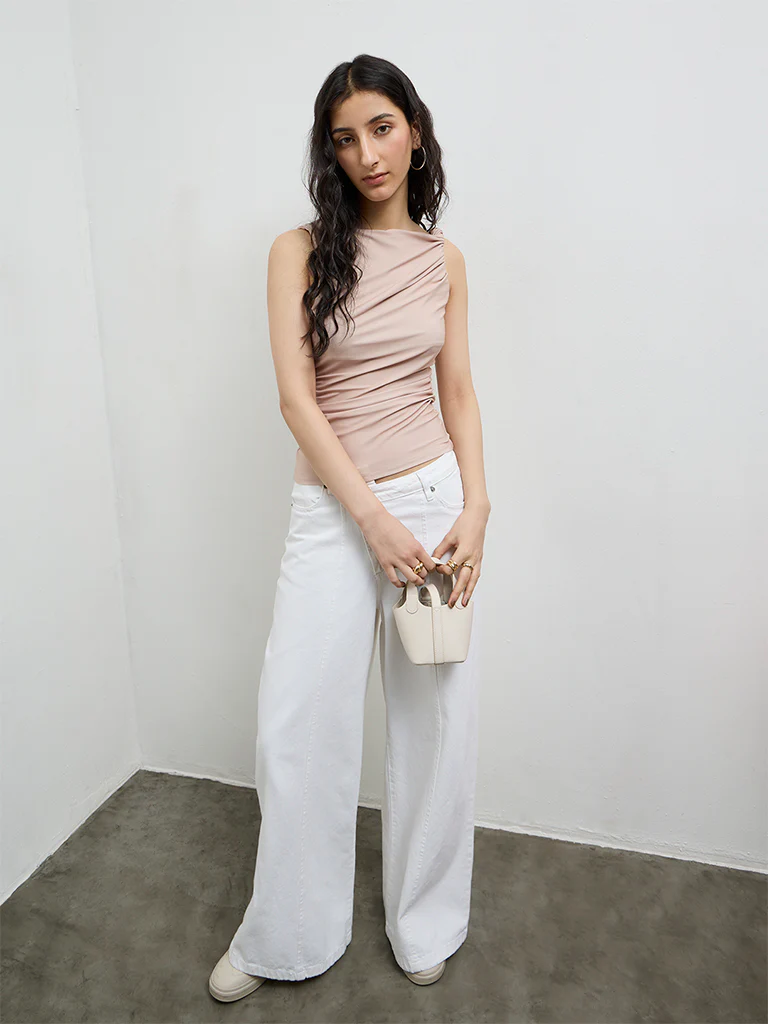 Nuon Beige Ruched Cotton-Blend Top - Image 2