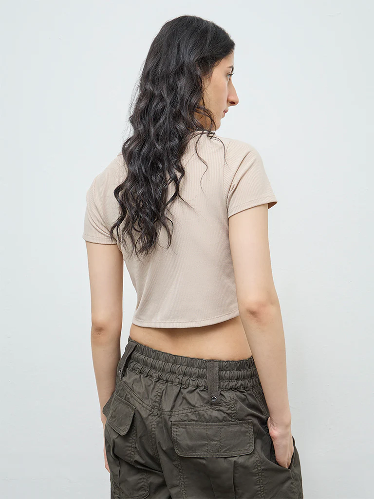Nuon Beige Self-Striped Criss-Cross Detailed Cotton Top - Image 4