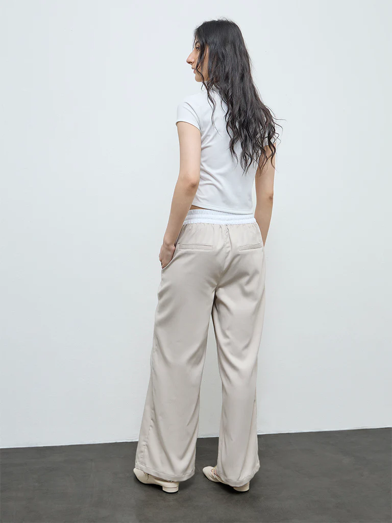 Nuon Beige Solid High-Rise Trousers - Image 4