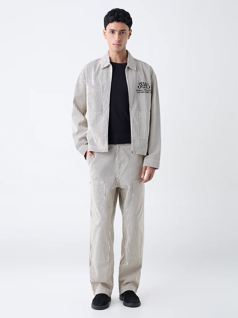 Nuon Beige Striped Loose-Fit Mid-Rise Cotton Pants
