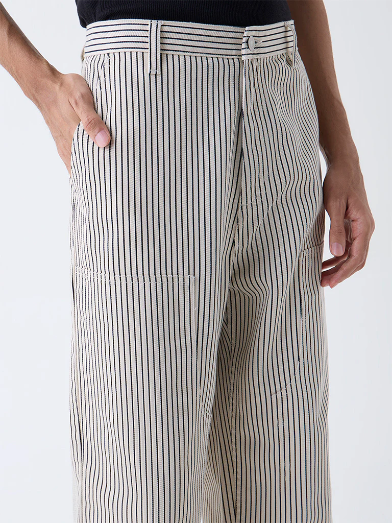 Nuon Beige Striped Loose-Fit Mid-Rise Cotton Pants - Image 3