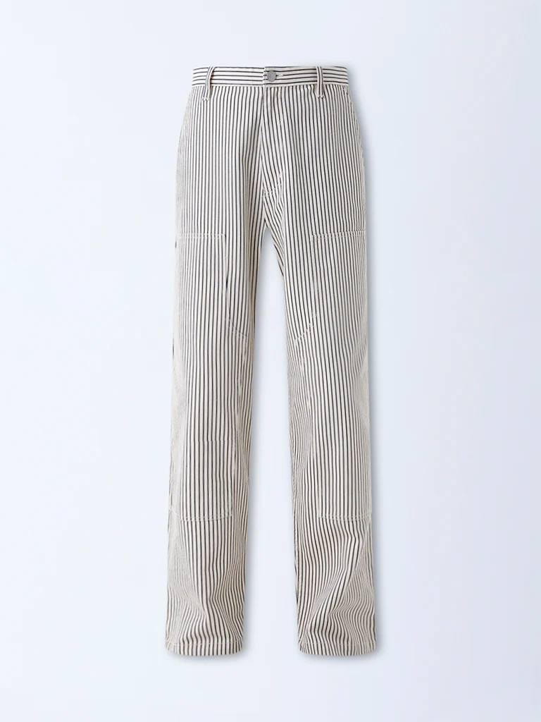 Nuon Beige Striped Loose-Fit Mid-Rise Cotton Pants - Image 5