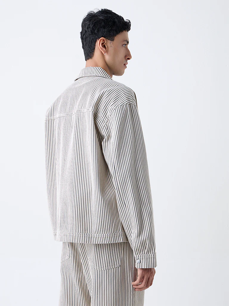 Nuon Beige Striped Relaxed-Fit Cotton Jacket - Image 4