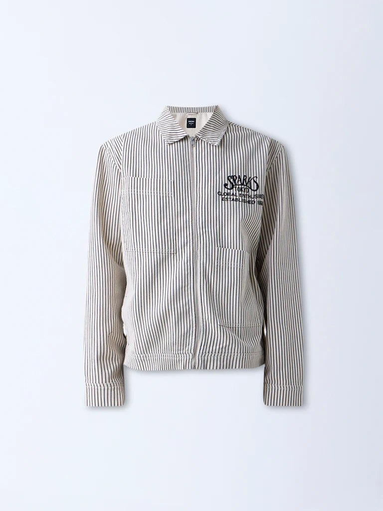 Nuon Beige Striped Relaxed-Fit Cotton Jacket - Image 5