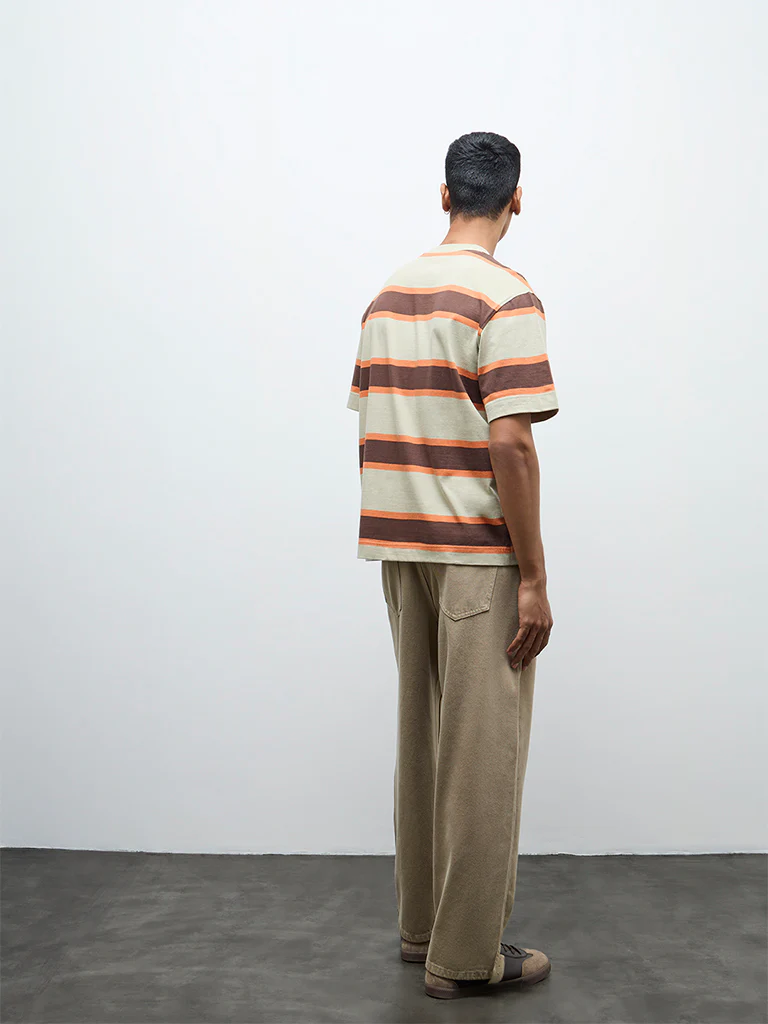 Nuon Beige Striped Relaxed-Fit Cotton T-Shirt - Image 4